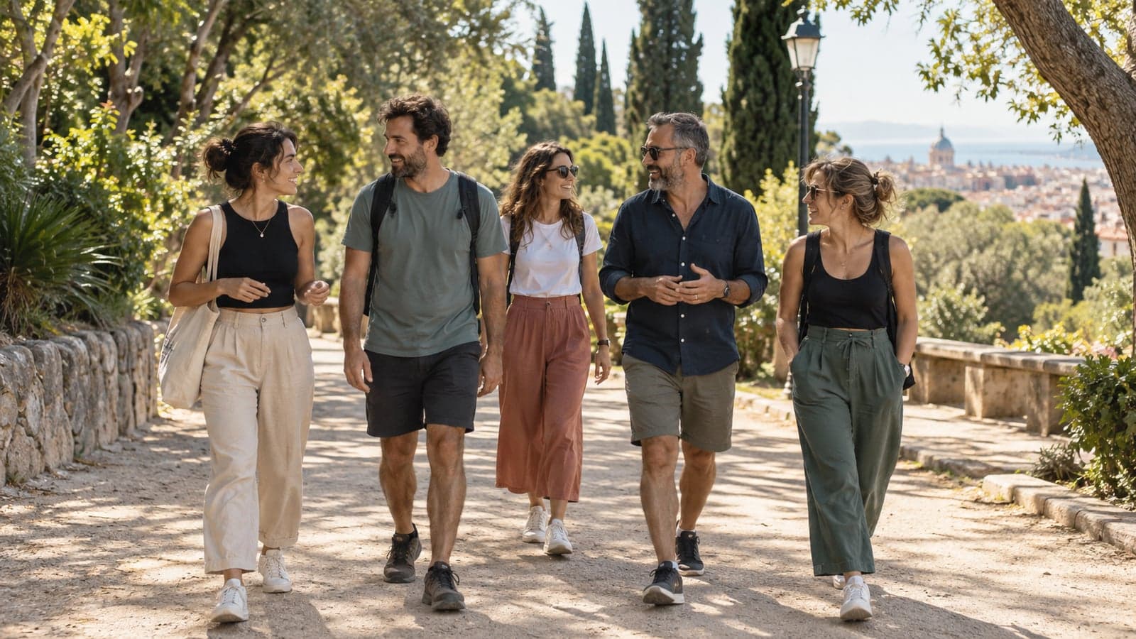 Five adults chat in pairs during a relaxed walk along a wide park path